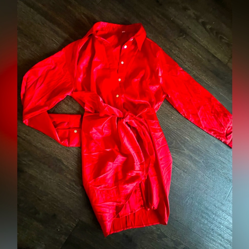 Red satin wrap dress button down dress never worn